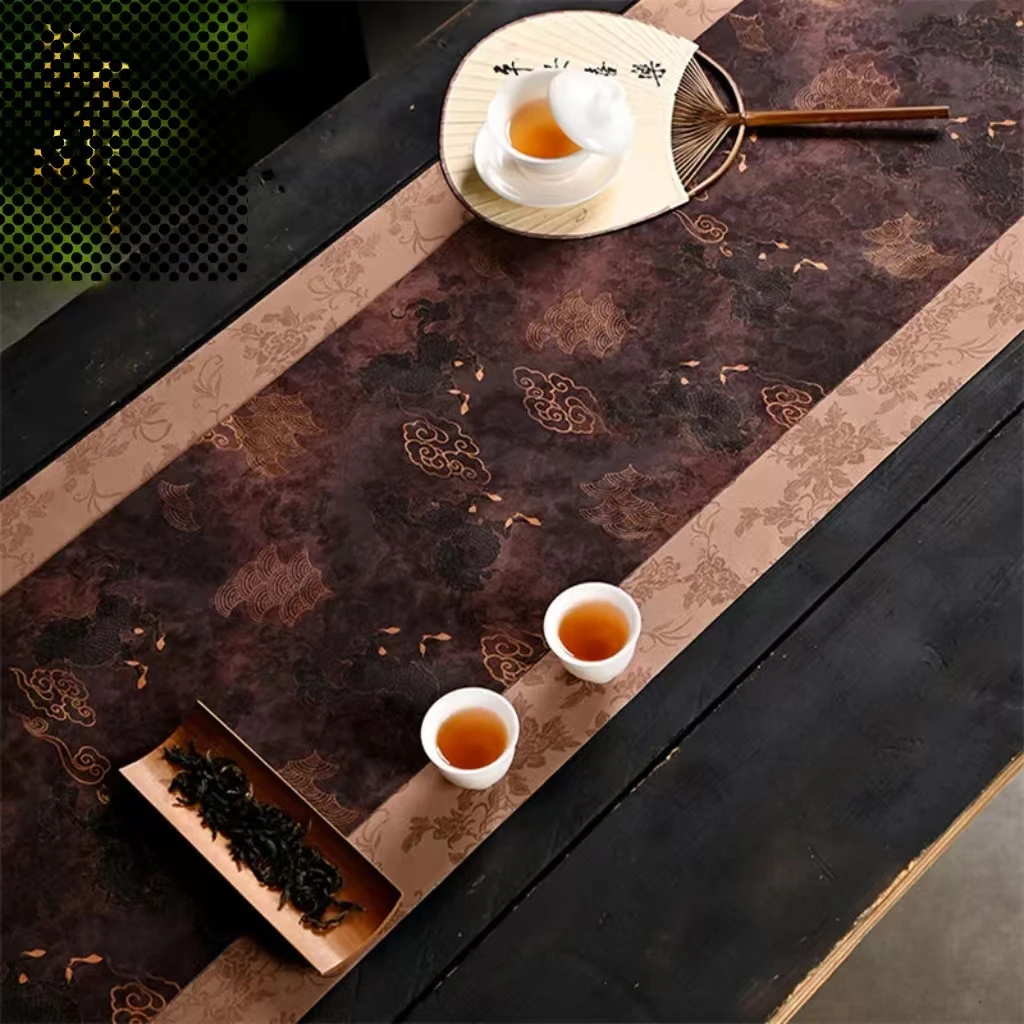 Waterproof brocade teamat light luxury high-end table runner imitation linen fabric Chinese style teaflag mat new Chinese style