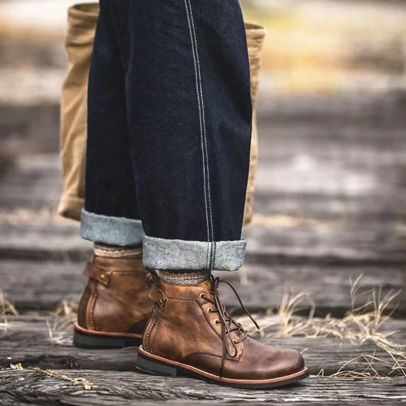 Leather Men Boots Retro Round Toe Ankle Boots Autumn Punk Street Style Chunky Motorcycle Boots Botines for Male botas masculino view 4