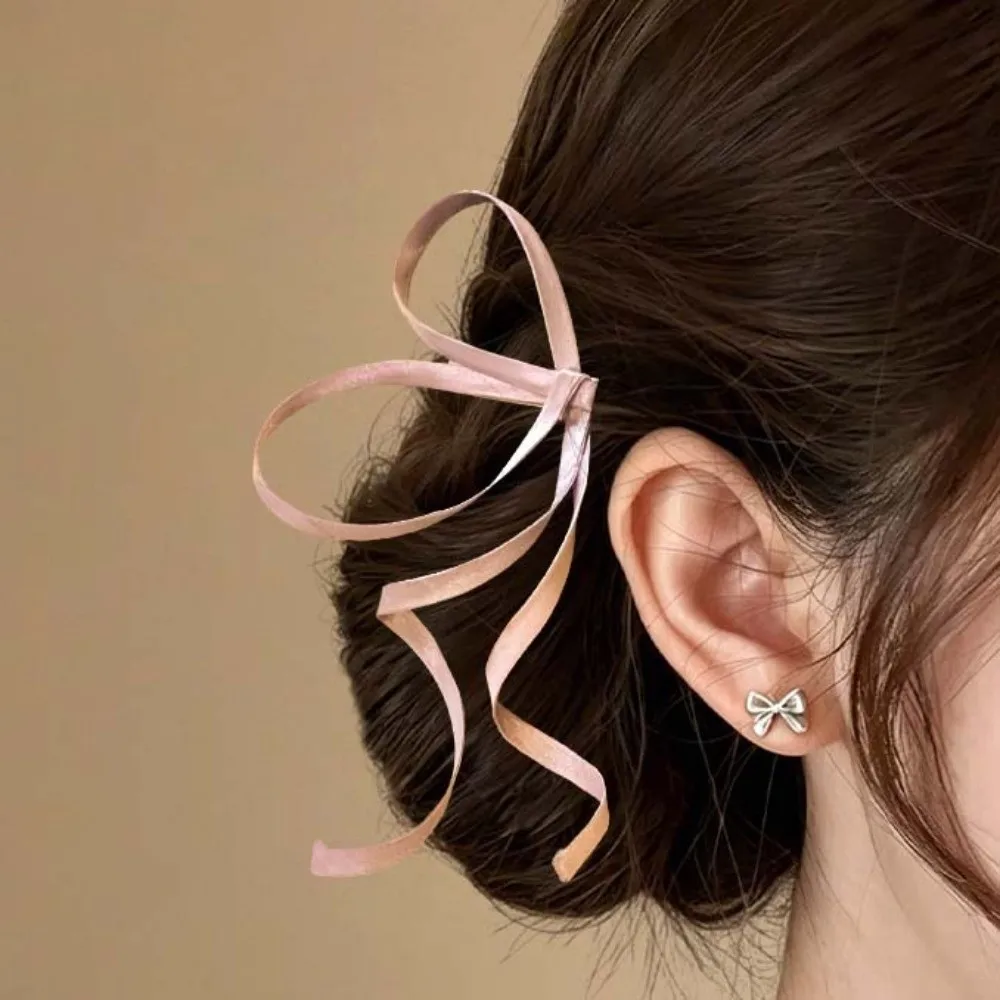 1 Pair 3D Satin Ribbon Bow Barrettes Flowing Silky Chinese Bow Hairpins Secure Flowery Side Hair Clip Photo