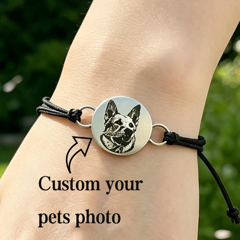 

Personalized Cat Dog Photo Name Adjustable Rope Chain Bracelet Stainless Steel Plate Couple Custom Pets Portrait Bracelet Gift