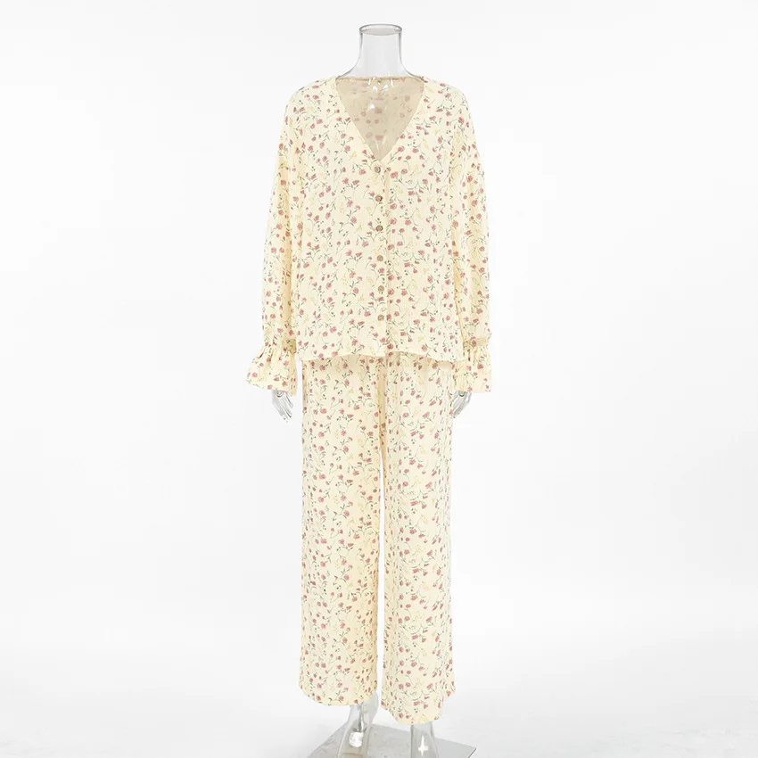 2025 Women's Loungewear Autumn New Pure Cotton Loose Fit Printed Pajama Set Comfortable Relaxation European American Style XL