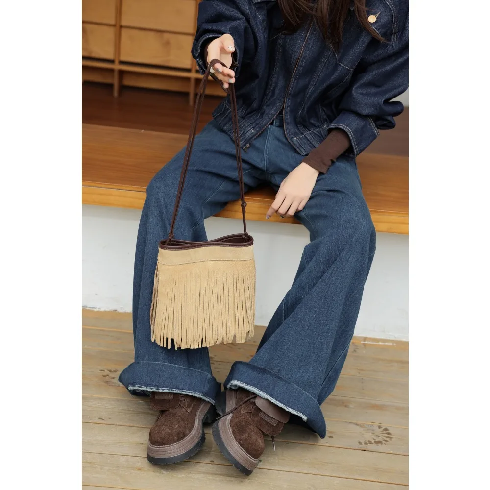 Vintage Tassel Matte Cowhide Crossbody Bucket Bag Women's Fashion Simple Leather Niche Exquisite Shoulder Fashion Commuter