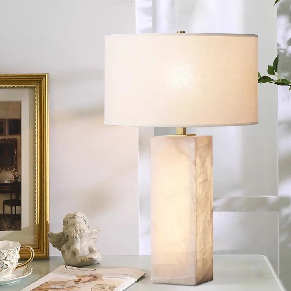 Modern Onyx Stone Table Lamp Brass Accent Fabric Lampshade Minimal Luxury Bedside Desk Lamp for Bedroom Living Room Hotel Decor