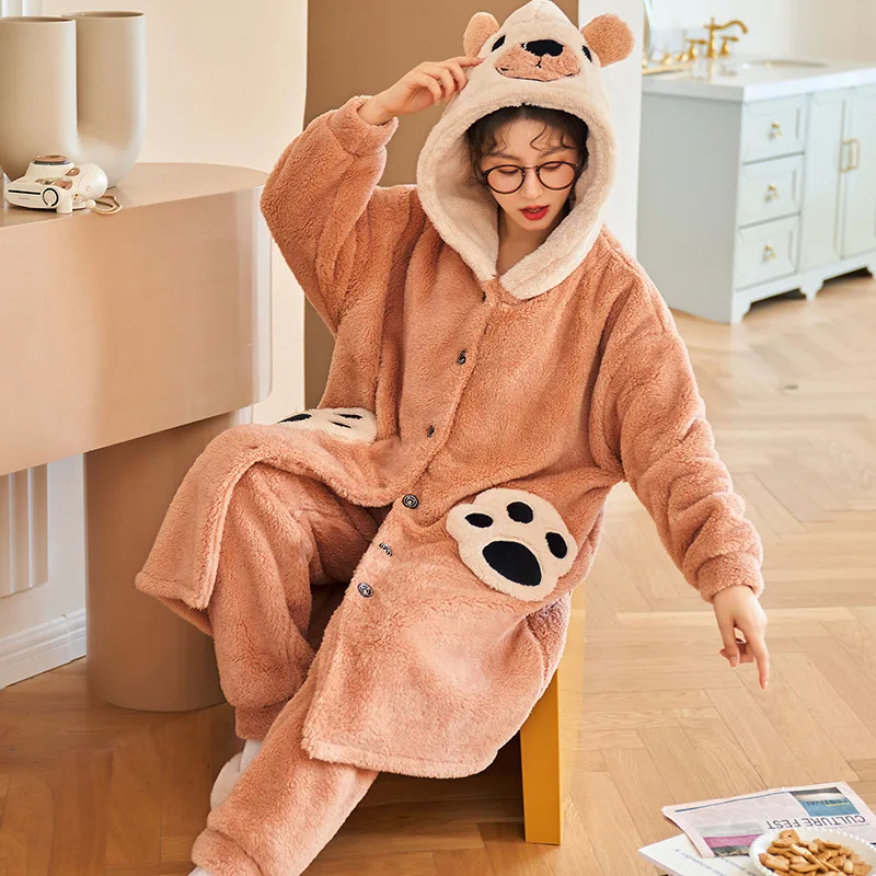 

Coral Velvet Winter Pajamas Women's Long Sleeve Print Strawberry 2Pcs Shirt Pant Long Sleeves Sleep Suit Pajamas Sets Homewear