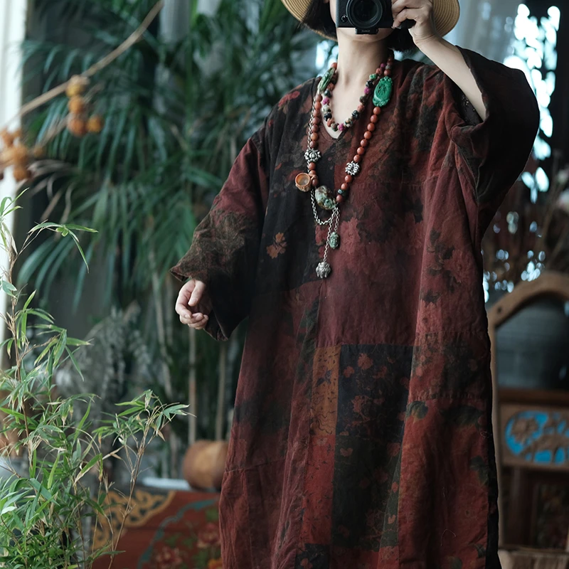 Abito caldo spesso da donna oversize Nuovo arrivo 2025 Autunno stile vintage stampa floreale abiti lunghi casual femminili allentati M2025