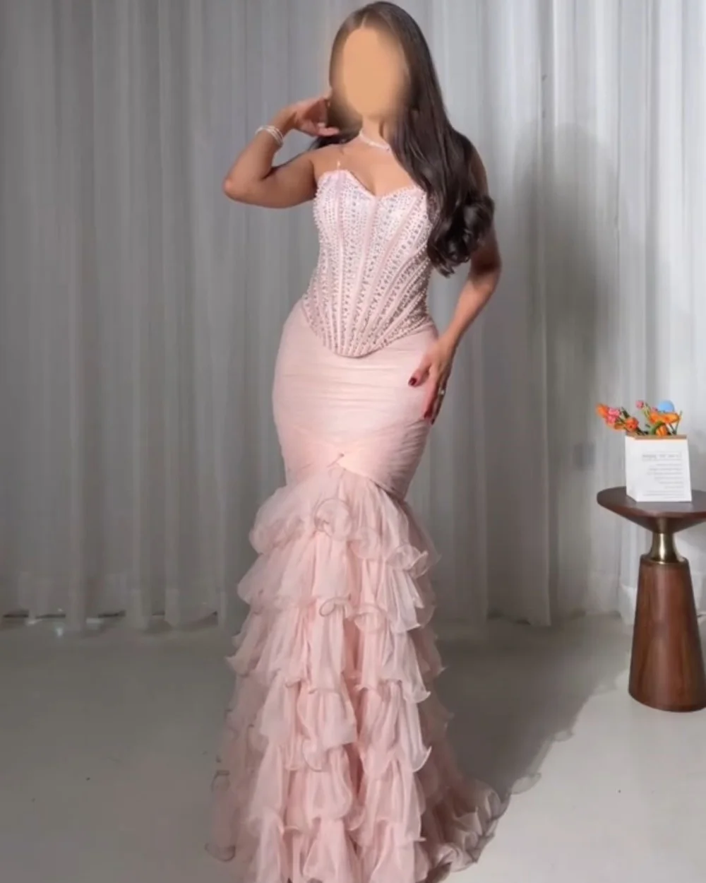 

Customized High Quality Chiffon Pleat Sequined Ruffle Trumpet Sweetheart Long Prom Dresses Bespoke Occasion Sparkle