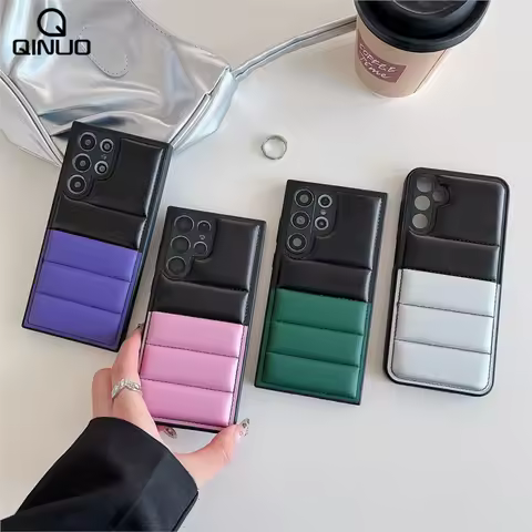 INS Color Collision Down Jacket Puffer Phone Case For Samsung Galaxy S24 S23 S22 Plus Ultra A54 A14 Soft Fabric Shockproof Cover