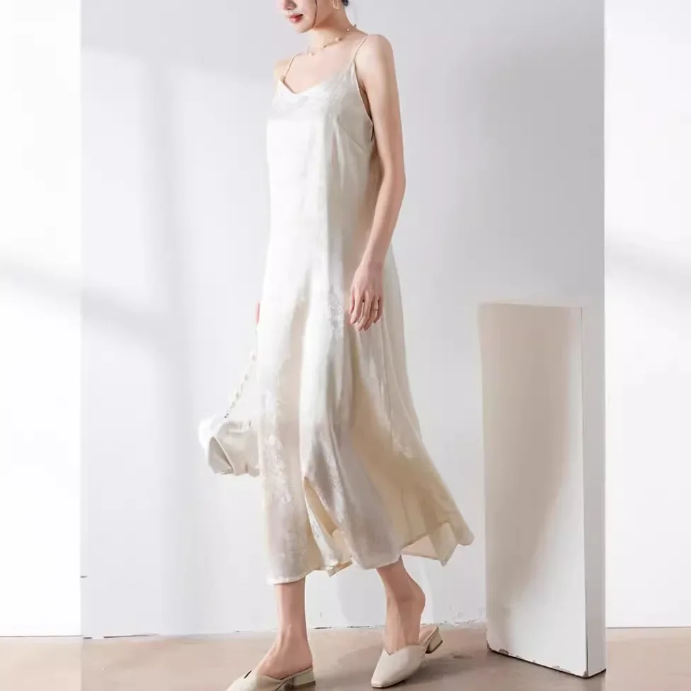 New Women's Fashion Tank Dress Lightweight Acid Silk Jacquard Long Skirt Over Knee A- line Dress One Piece Shipped