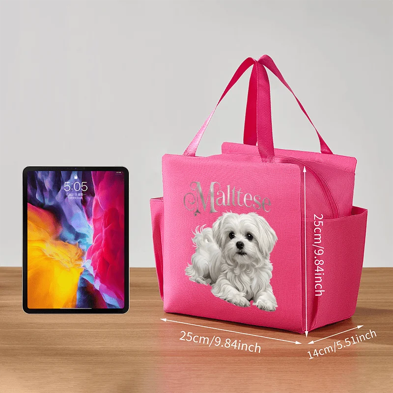 Customized Name Women's Handbag with Side Pocket, Maltese Dog-themed Gift. Featuring an Adorable Maltese Dog Travel Tote Bag