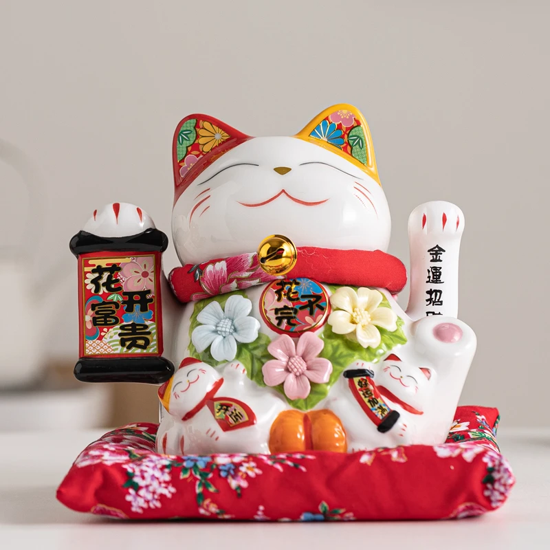 7.32 Inch Flower Lucky Cat Ornament Ceramic Fortune Cat Maneki Neko Statue Waving Hand Beckoning Cat Figure Centerpiece