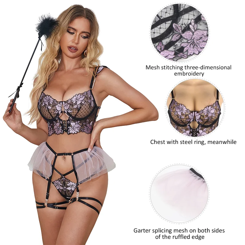 Ohyeahlady Embroidered Sexy Lingеrie Set Lure Erotic Suspender Belt Set Female Lavender Underwear Plus Size Lingerie With Garter