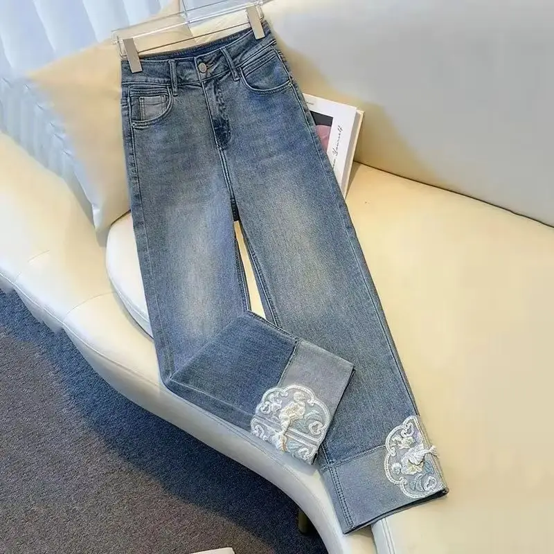 กางเกงยีนส์ทรงตรงผู้หญิง สไตล์ชาติพันธุ์ ปักลายใหม่ ฤดูใบไม้ผลิ ฤดูใบไม้ร่วง 2025 ทรงหลวม ใส่สบาย ดูดี มีสไตล์