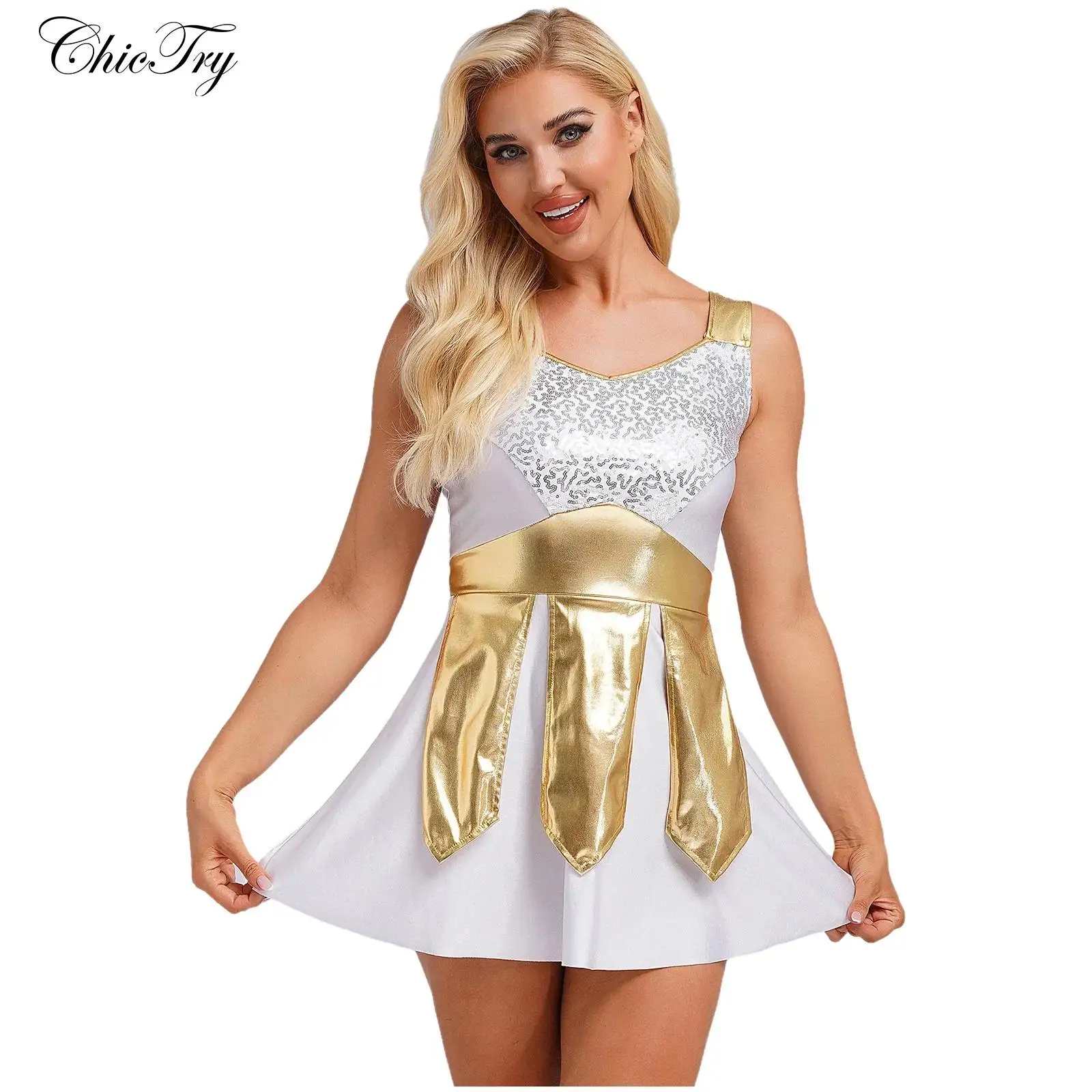 

Женский костюм для косплея в греческом стиле без рукавов с блестками, платье для ролевых игр, металлическое золотое тканевое платье, карнавальное платье на Хэллоуин