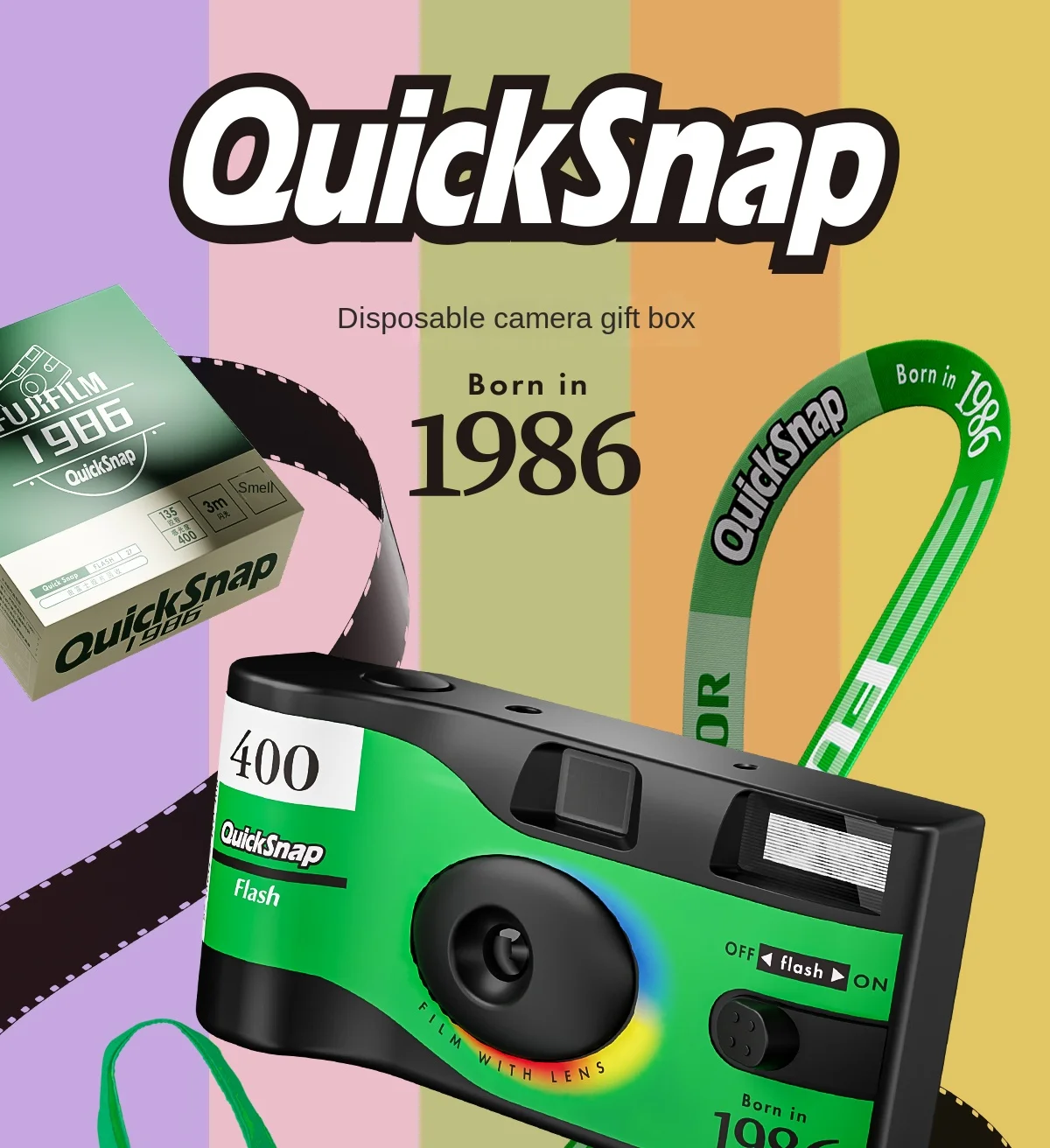 Fujifilm QuickSnap 1986 Disposable Film Camera Gift Box Set Vintage Film Machine Photo Printer (Expiration date: December 2025）