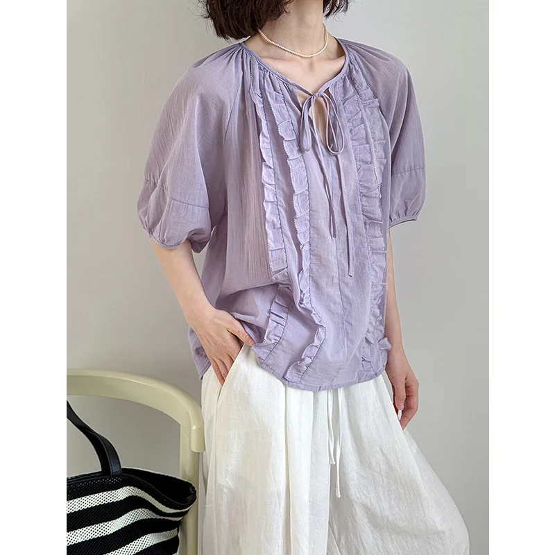 

Summer short sleeved shirt for women, loose and slimming lace patchwork shirt, high-end heavy strap top for women, Korean style