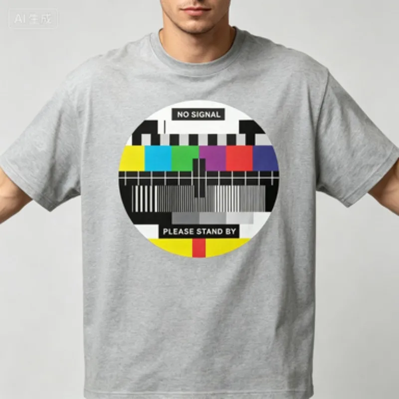 Male Cotton Crew Neck Slim T-Shirt NO SIGNAL PLEASE STAND BY Old TV Screen Test Graphic Tees Mens Casual Retro Tops