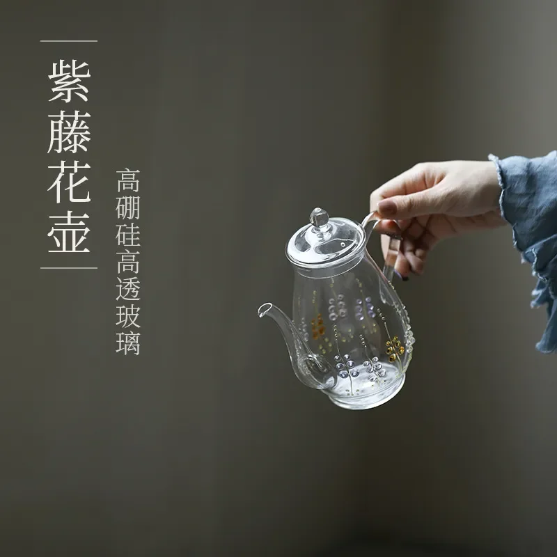 High Borosilicate Glass Teapot With 3D Wisteria Flower Engraving Thickened Heat Resistant Kung Fu Tea Set For Home Office Use