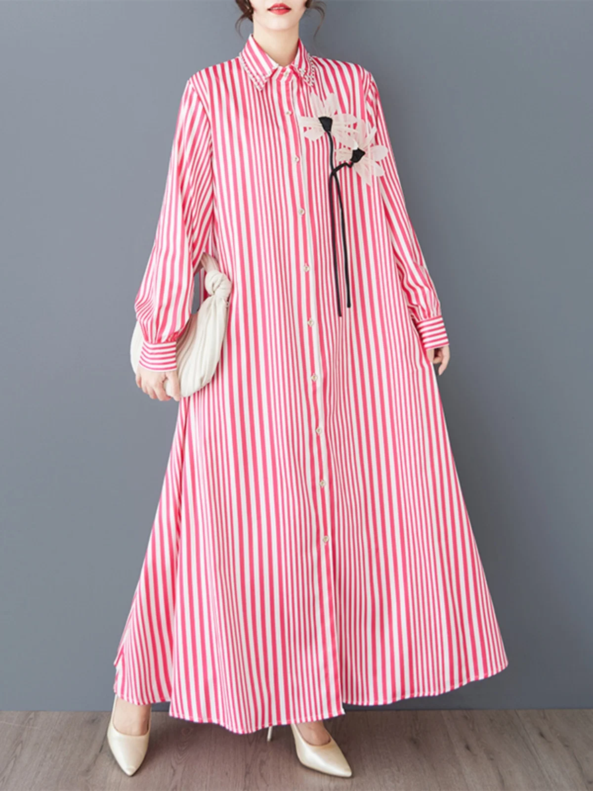 2025년 봄 신상 롱 셔츠 드레스 여성 루즈핏 플로럴 3D 프린트 캐주얼 만능 스트라이프 맥시 드레스 출퇴근룩