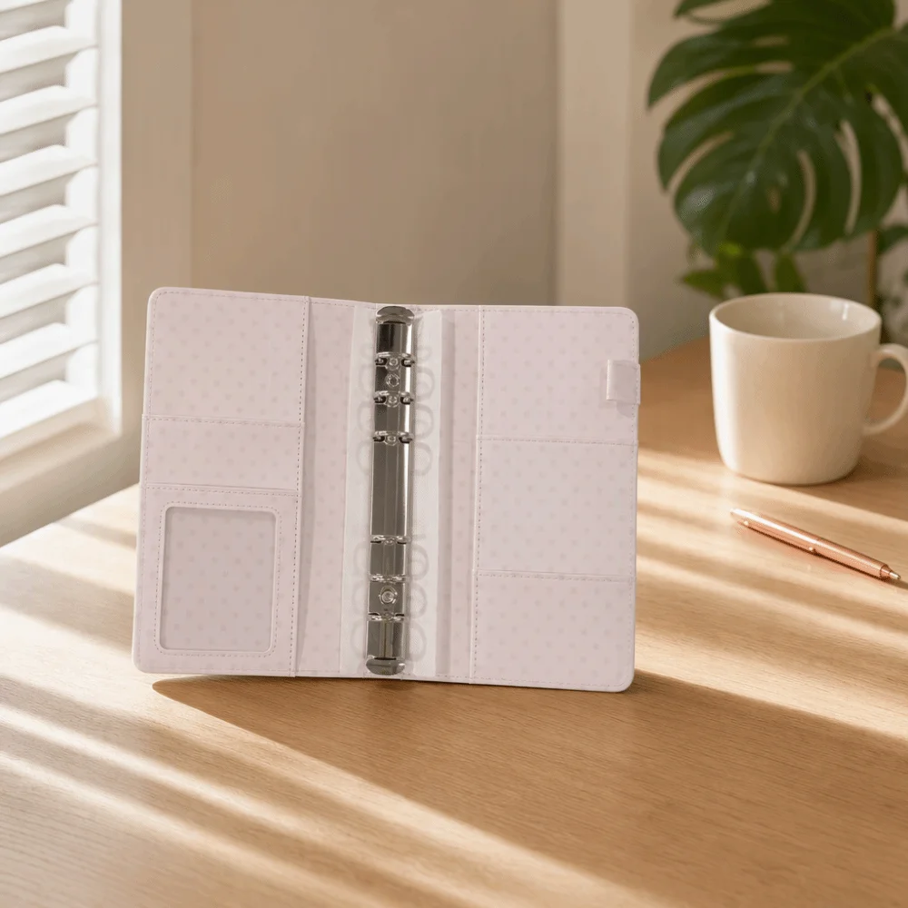 Kawaii PU Cover A6 Loose Leaf Notebook Pink Polka Dot Diary Book Blank Grid Lined Pages Clip-on Album Stationery Stationery Set