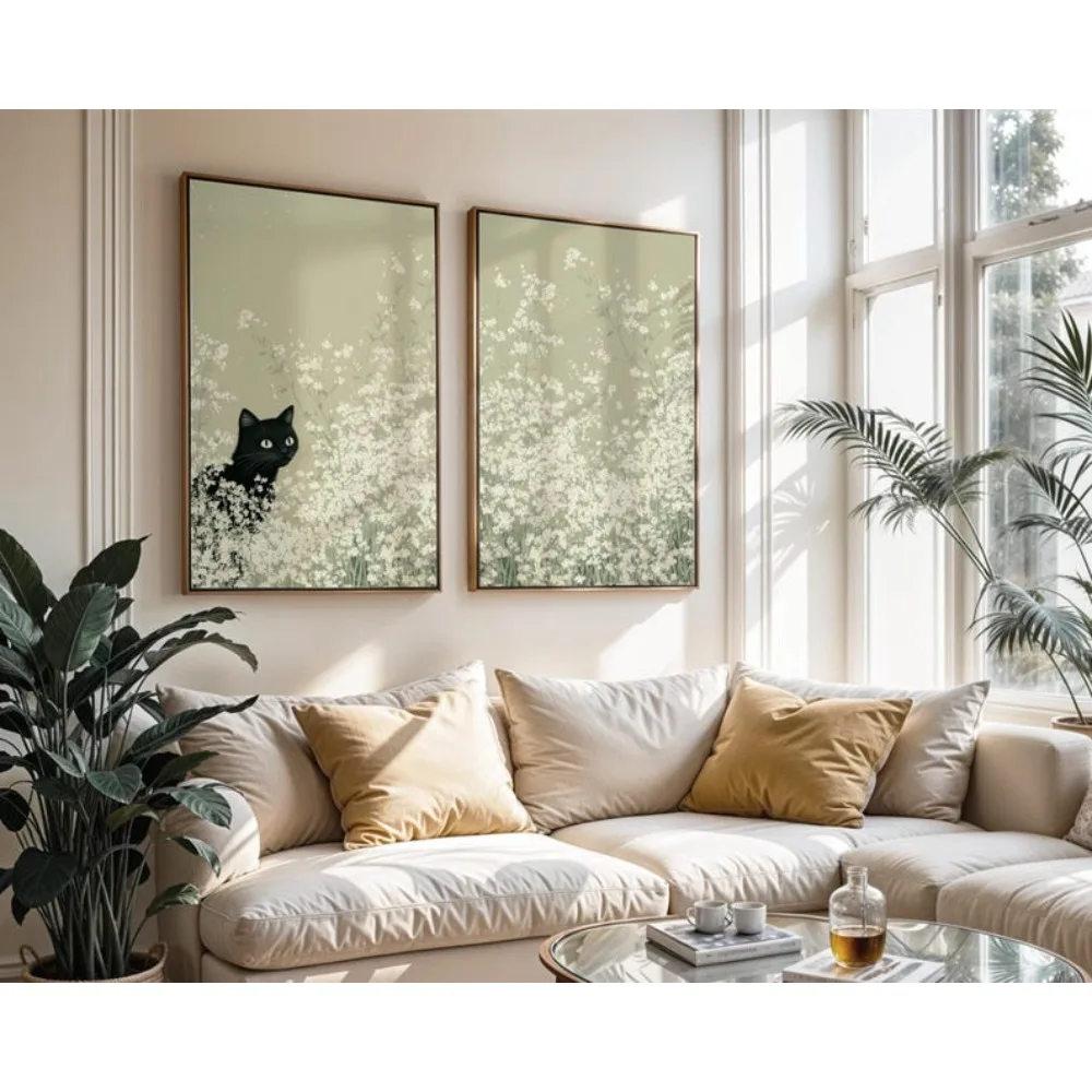 2pcs Black Cats in A Flower Field Canvas Posters Set, Noframed Sage Green Spring Canvas Wall Art for Living Room & Bedroom Decor