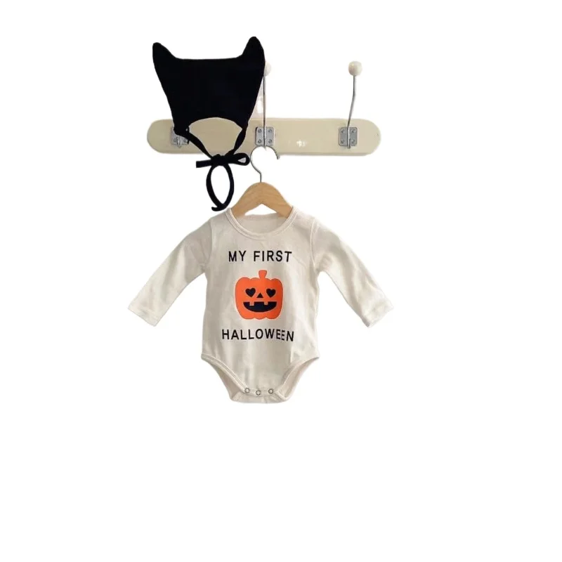 Boys Girls Long Sleeve Romper with Hat for Halloween Unisex Baby Cute Pumpkin Print Onesie Outdoor Party  Bodysuit Christmast