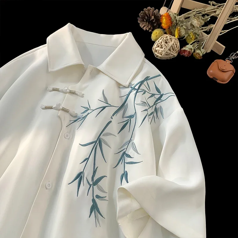 Men's Short Sleeve Embroidery Shirt Asian Style Trend White Black Shirts Summer Casual Button Down Blouses