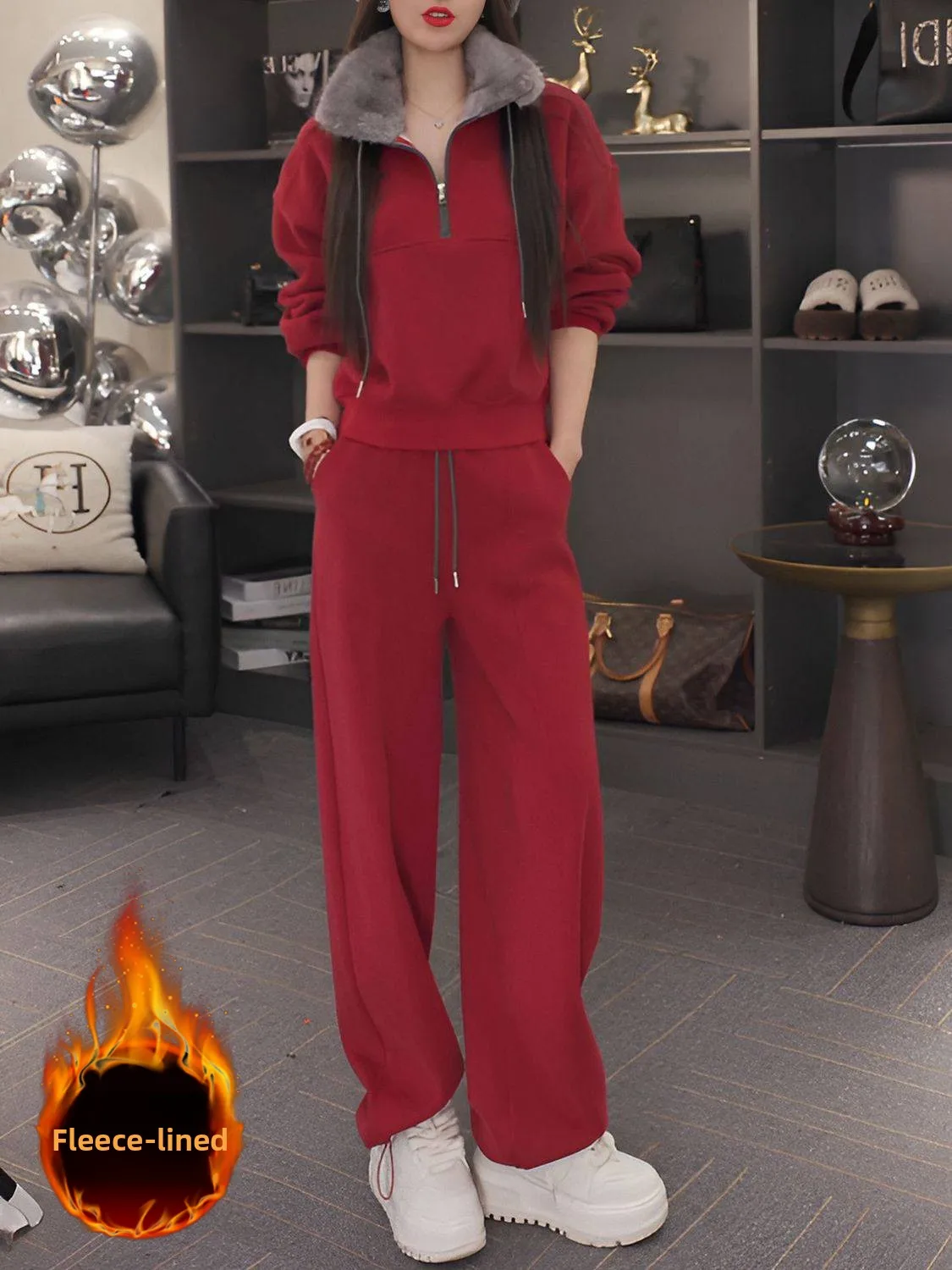 

Red Fleece Lined Thickened Winter Sports Set for Women Casual High Waist Wide Leg Pants Hoodie Two Piece Set Stylish And Comf...