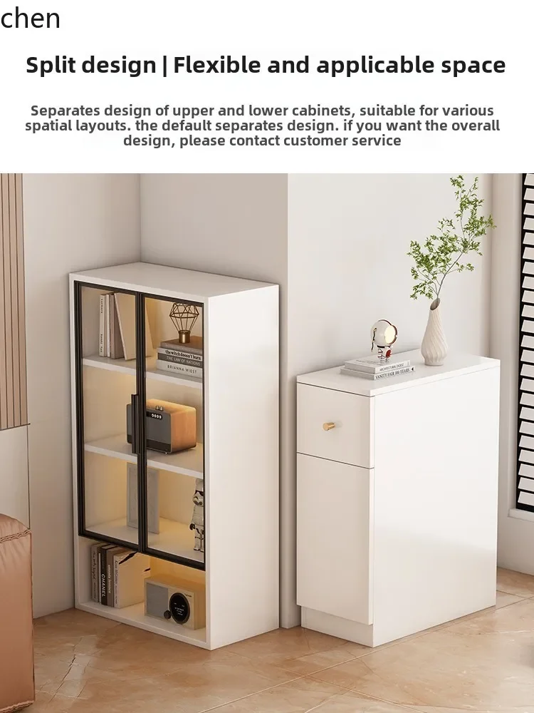 solid wood pull-out cabinet simple modern walnut sofa side cabinet living room glass dust-proof storage bookcase