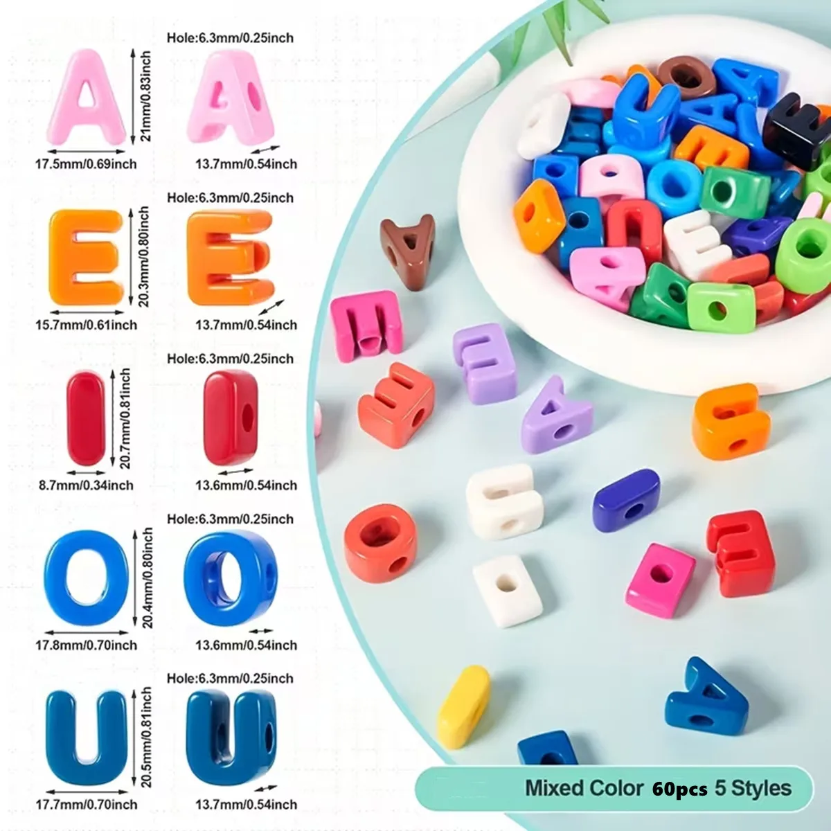 60pcs A E I O U letter beads (12pcs each), Mixed colorful opaque acrylic large hole loose beads,suitable For DIY making