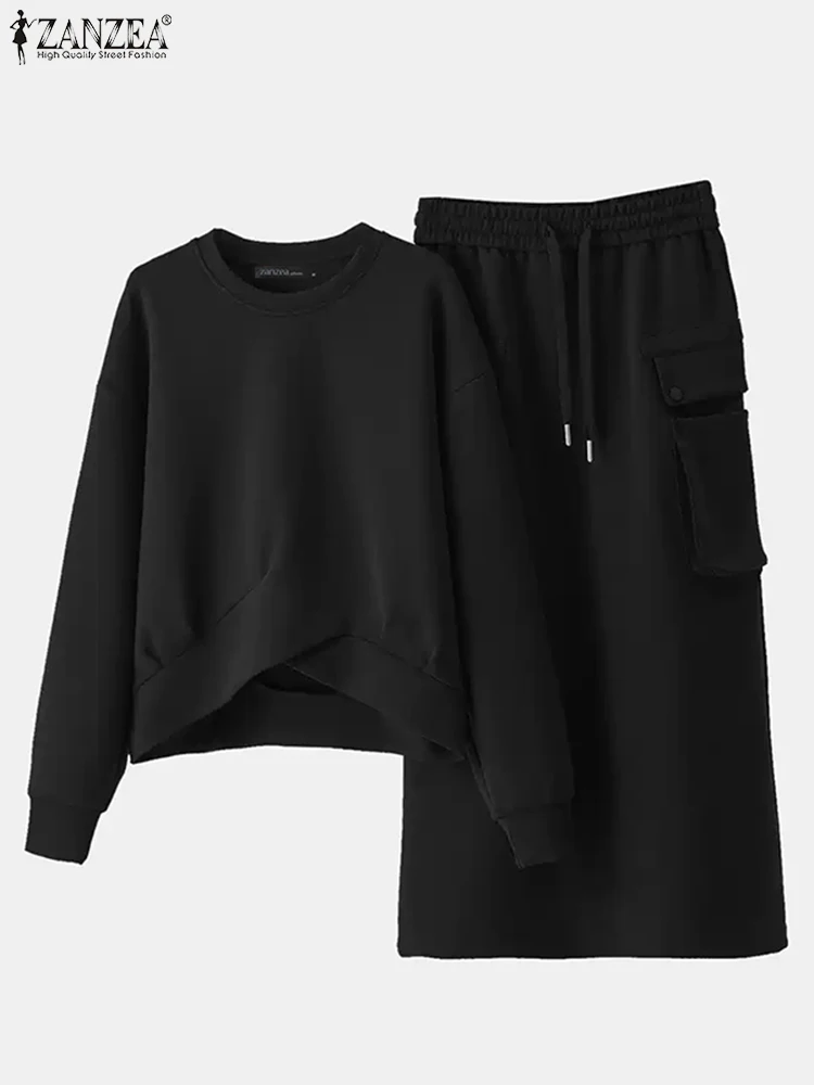 2026 ZANZEA 2PCS Autumn Winter Sweatshirts Dress Sets Women Long Sleeve Hoodies Tops Sundress OL Matching Sets Spring Outfits