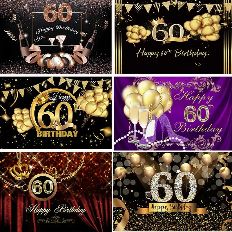 

Happy 60th Birthday Backdrops For Dad Mom Birthday Golden Black Glitter Photographic Studio Backgrounds Photocall Custom Pic