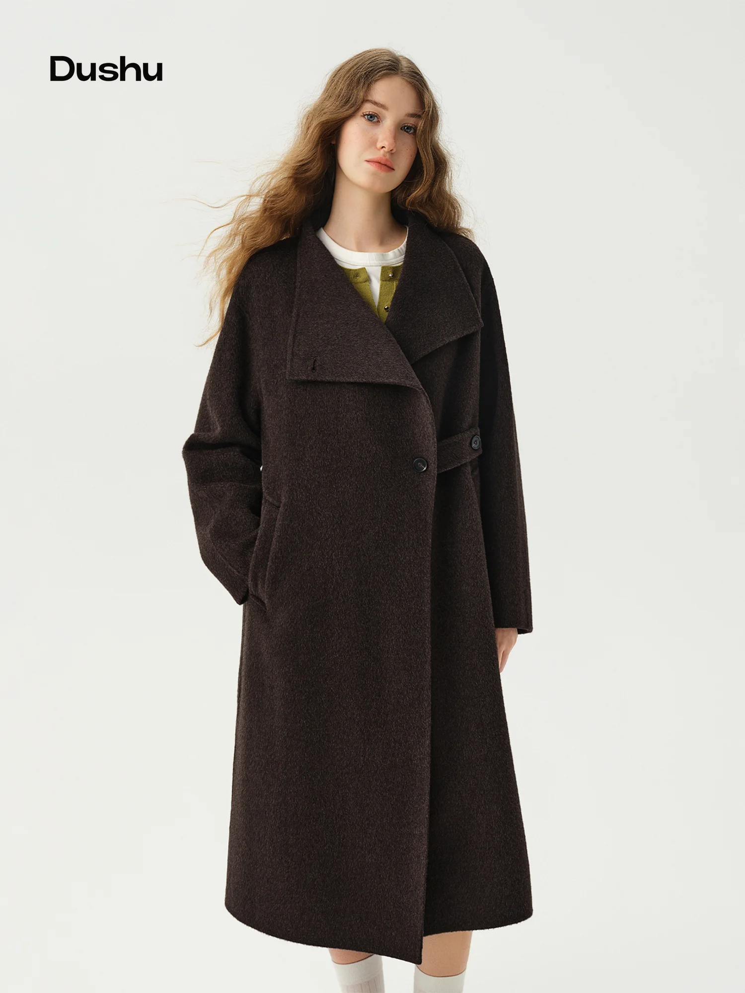 DUSHU Double-faced Wool Coat Women Retro Large Lapel Side Belt Buckle 2026 Winter New Arrival Long Length Simple Ins Loose