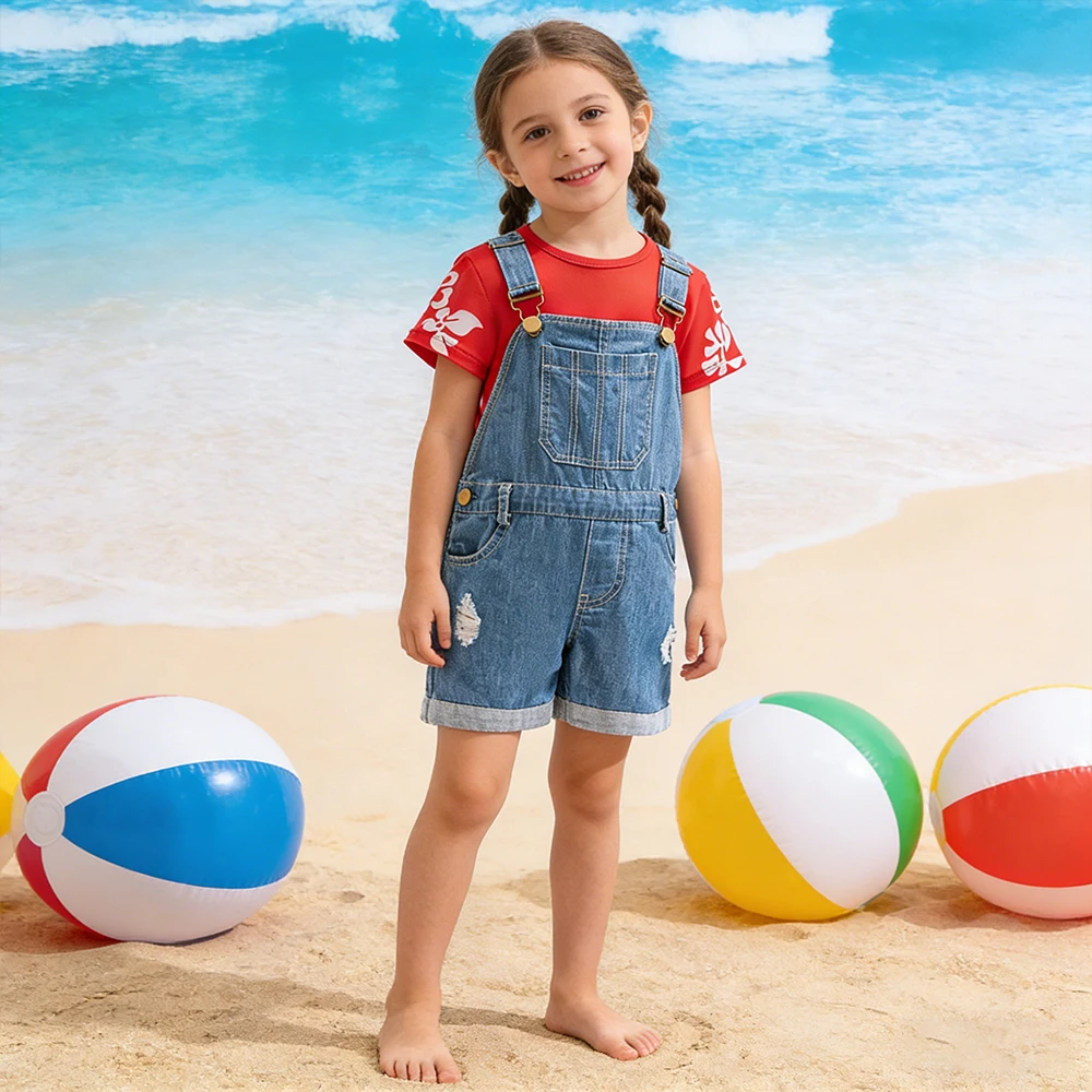 

Летние комплекты в пляжном стиле для детей: джинсовый комбинезон + футболка с красным принтом, повседневный костюм для девочек, гавайский праздничный комплект для принцесс, на день рождения