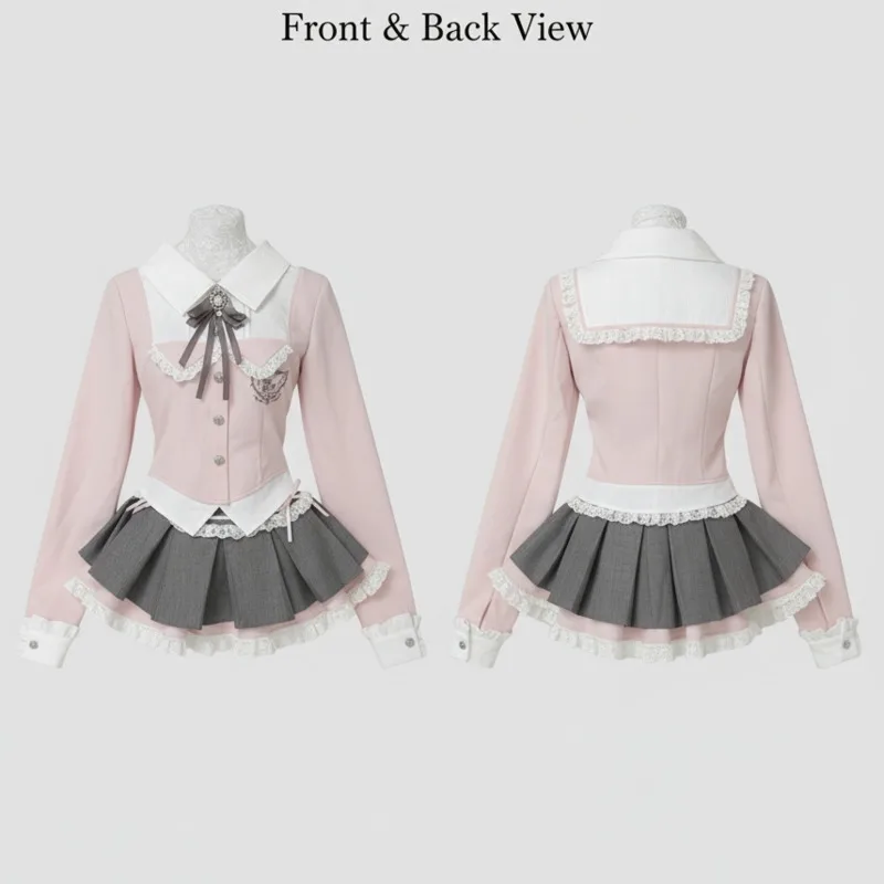 Bow Lace Fake Top Dresses 2 Piece Set Y2K Uniform College Sweet Girl Contrast Patchwork High Waisted Pleated Skirt Girls 2 Set