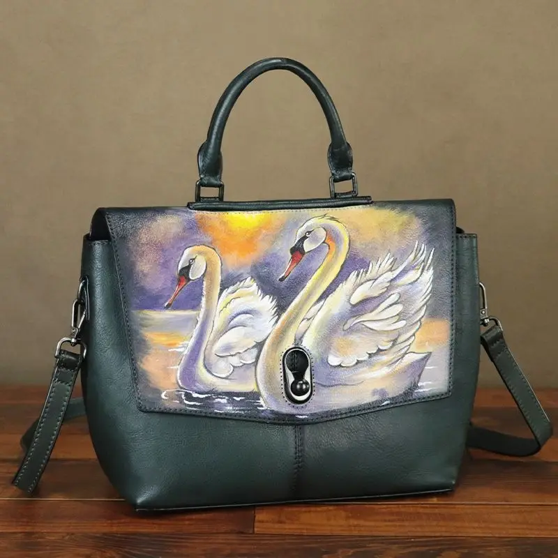 

Hand-painted Bag Leather Women's Handbag Crossbody Bag Women's Shoulder Tote Bag Vintage Handmade 2024 New Head Layer Cowhide