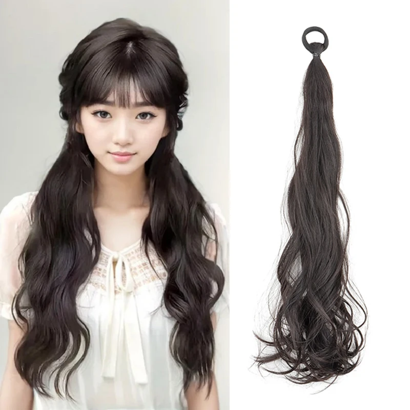 22 pulgadas banda de goma elástica sintética cola de caballo dulce chica negro largo rizado cola de caballo extensión de cabello peluca resistente al calor