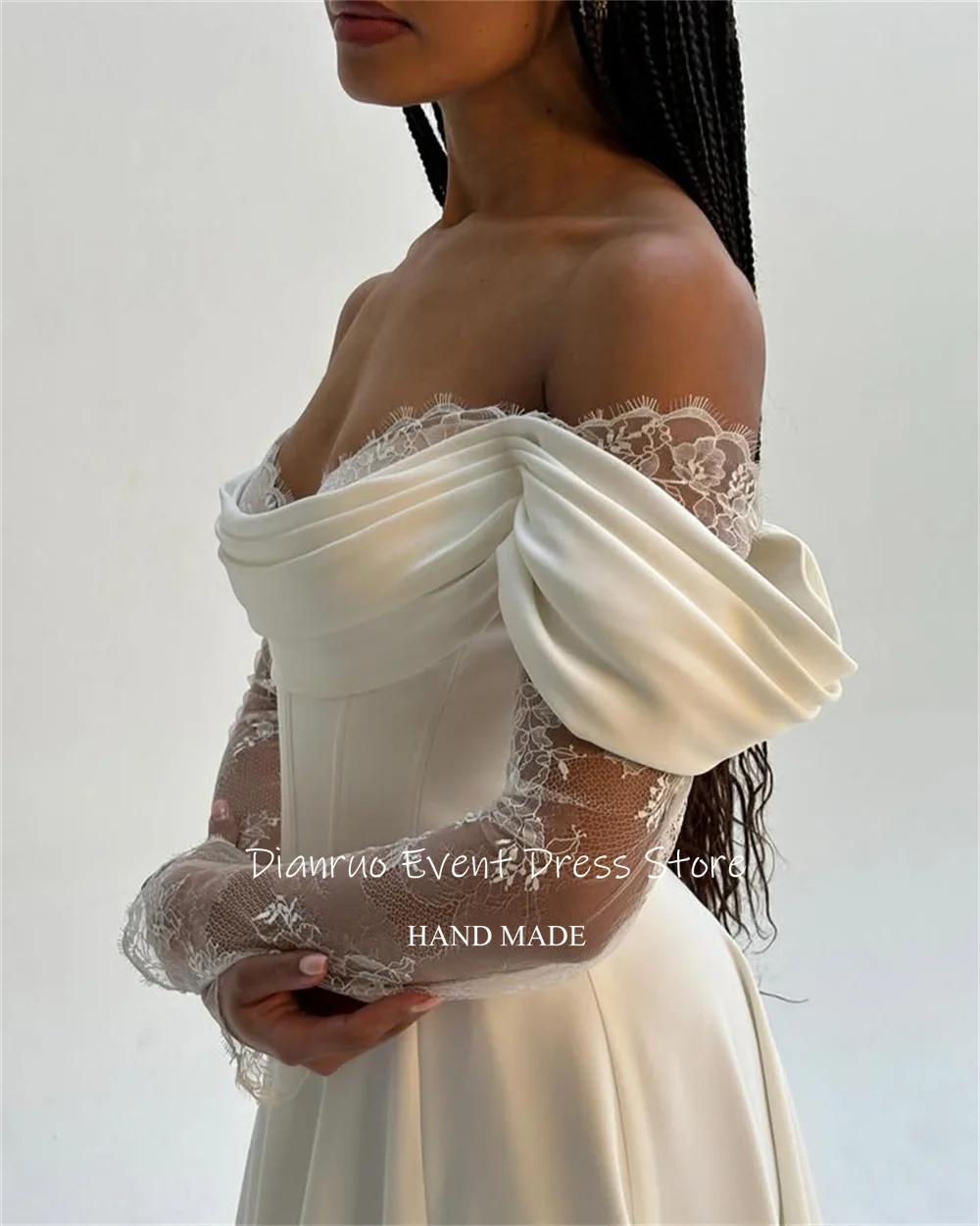 Dianruo tribunal trem apliques vestido de casamento cetim renda vestido de noiva fora do ombro alta fenda vestido de noite romântico personalizado