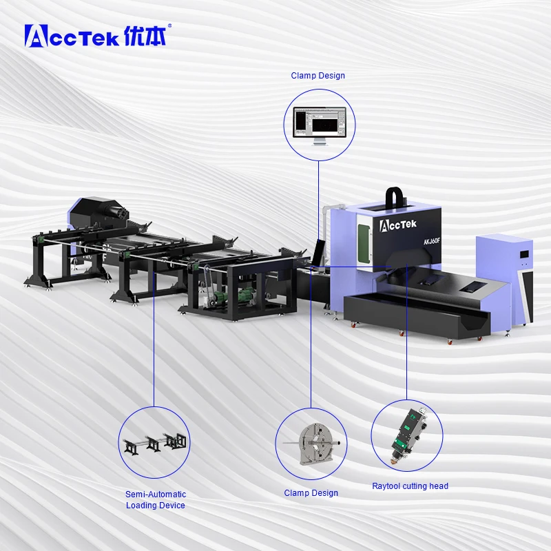 AccTek AKJ60F Fiber Laser Tube Cutting Machine With Semi-automatic Loading & Bevel Cutting Head, CNC Laser Pipe Cutter for Round