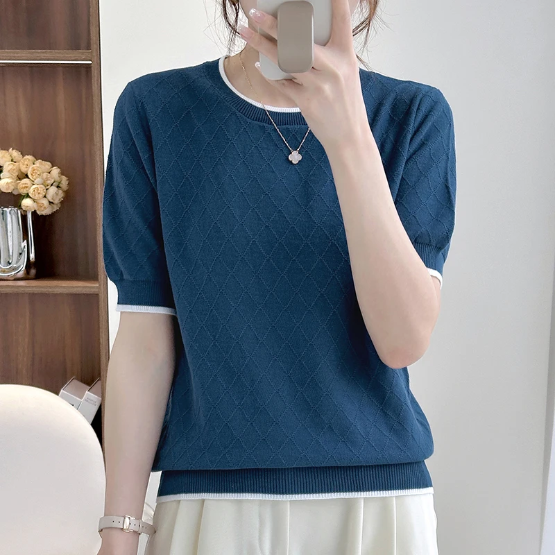 Knitted Pure Cotton Slim Fit Short Sleeve T-Shirt round Neck Summer New Style Thin Loose Base Shirt Commute Style Chinese Made