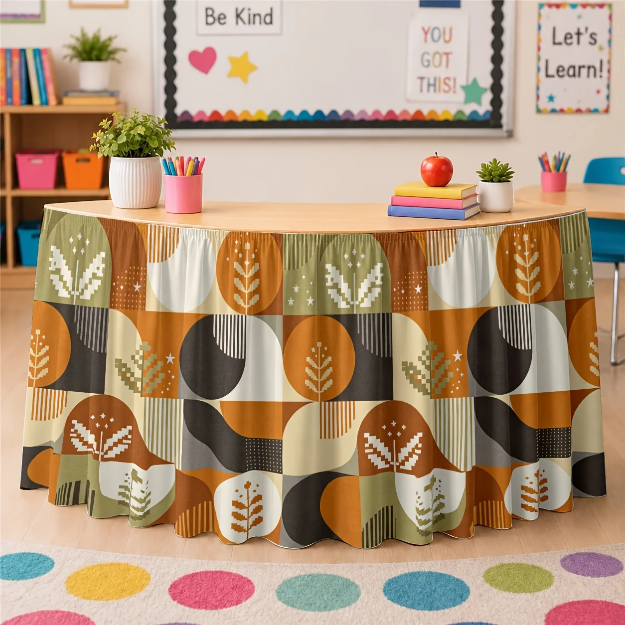 Fall geometric plant pattern tablecloth table skirt for fall weddings, harvest celebrations, and Thanksgiving events