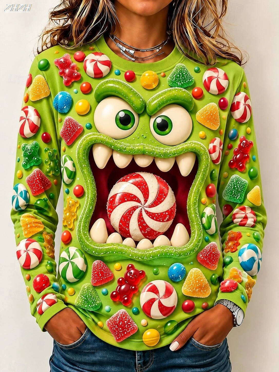 Christmas Print+Holiday Celebration+3D Green Monster Candy Cartoon Graphic+Women Long Sleeve T Shirt