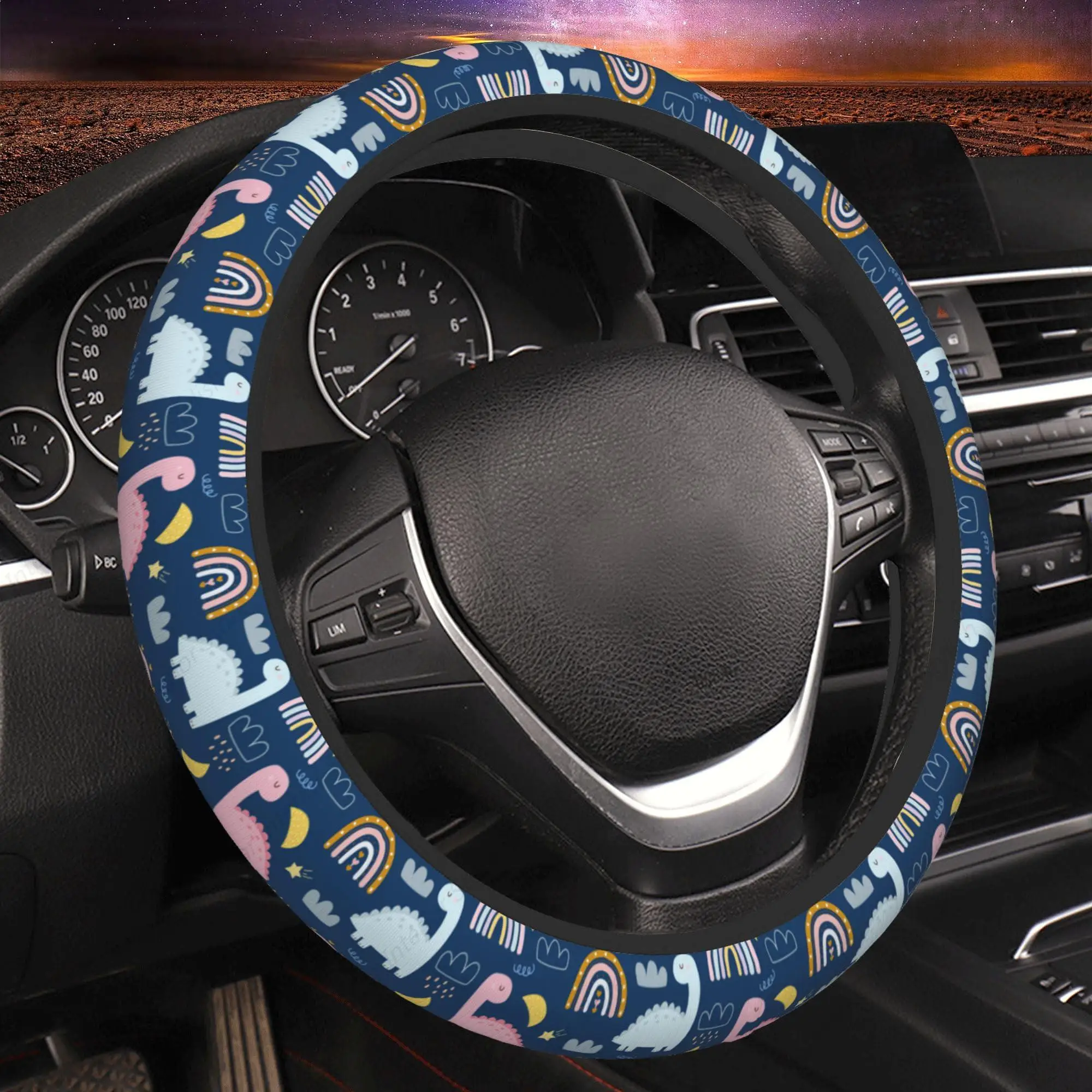 Cartoon Dinosaur Steering Wheel Cover Anti-Slip Car Accessories Absorbing Sweat Breathable Steering Wheel Protector Universal