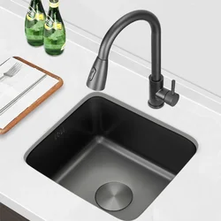 Fregadero de cocina Nano negro de acero inoxidable 304, lavabo de un solo tazón, grifo pequeño, accesorios de drenaje para el hogar