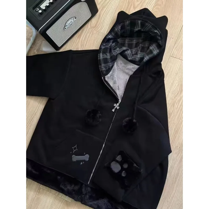 Subculture Y2k Black Cat Sweatshirts Autumn/Winter Plaid Kawaii Cat Ear Patchwork Hoodie Women Cute ChicTop Loose Casual Coat
