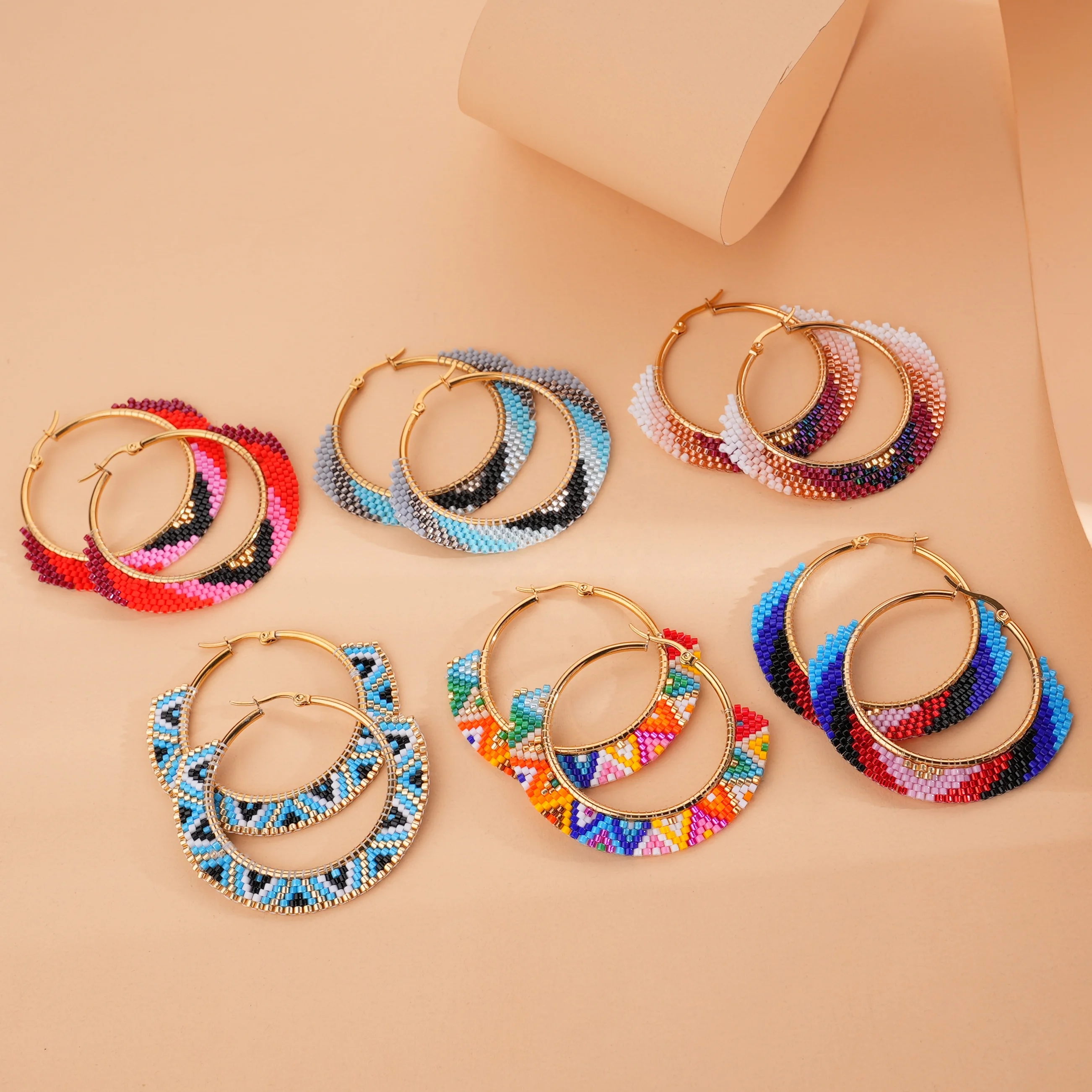 Rice bead earrings Circle Originality Hand knitting Rainbow Bohemia Alloy Fashion Simple Beaded earrings