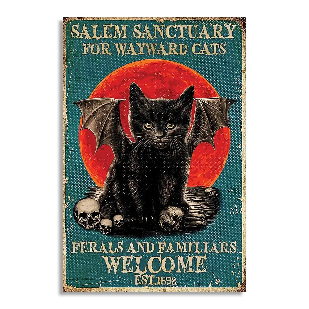 Salem Sanctuary for Wayward Black Cats Vampire Vintage Retro Metal Tin Sign Wall Home Decor Poster 8x12 Inch Iron Painting