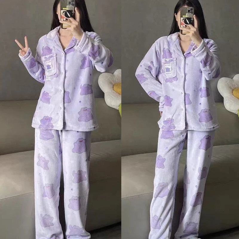 Ditto Women Solid Warm 2PCS Sets Winter Pajamas Thicken Velvet Ribbed Fleece Set Pullover and Pants Women Casual Pajama Sets