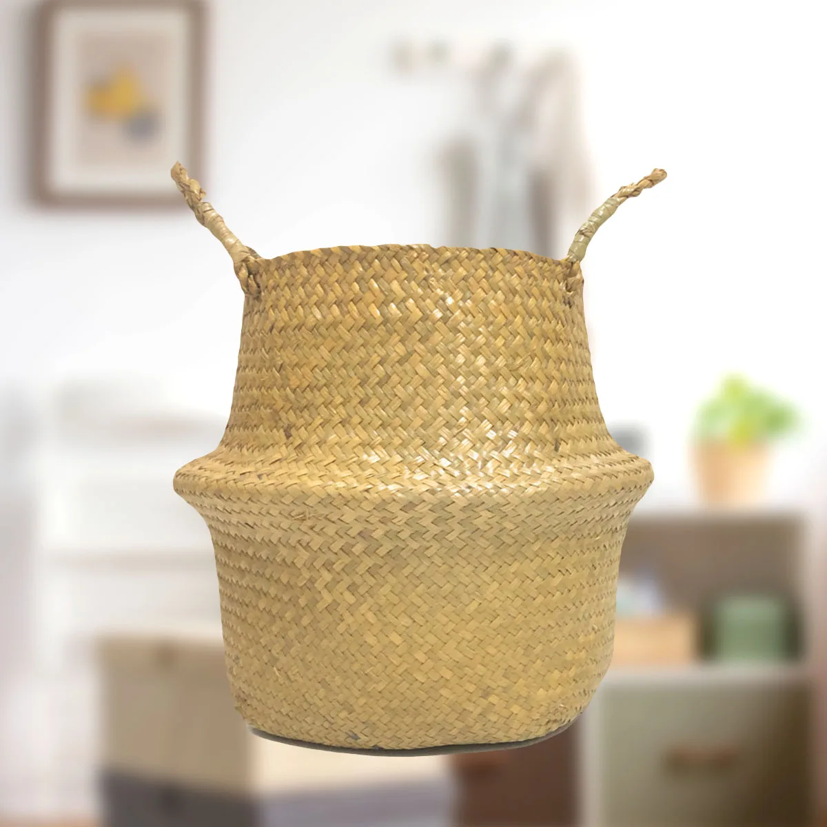 

Straw Storage Basket Foldable Handmade Seaweed Woven Garden Facility Flowerpot Hanging Storage Basket(Yellow)