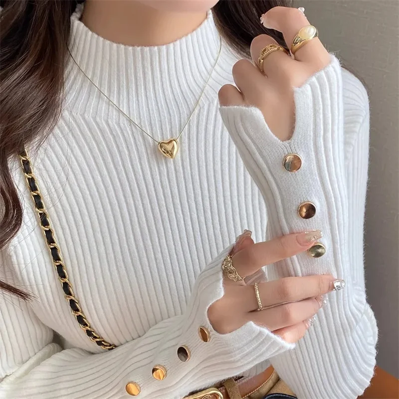 

Autumn Winter Sweater Women Pullovers Long Sleeve Tops Clothes Slim Knit Soft Jumper Streetwear Button Turtleneck Sweater