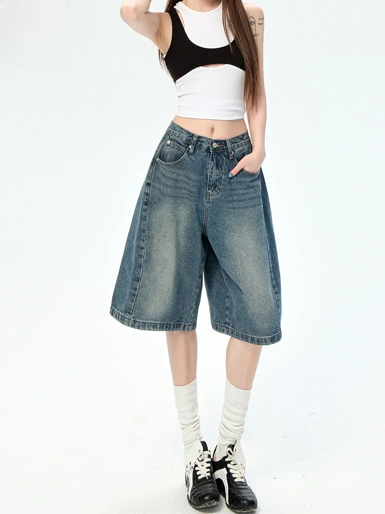 Jinjing Denim Five-Point Pants Women's Casual Loose American Sle Summer New Wide Leg Medium Length Jeans ort orts